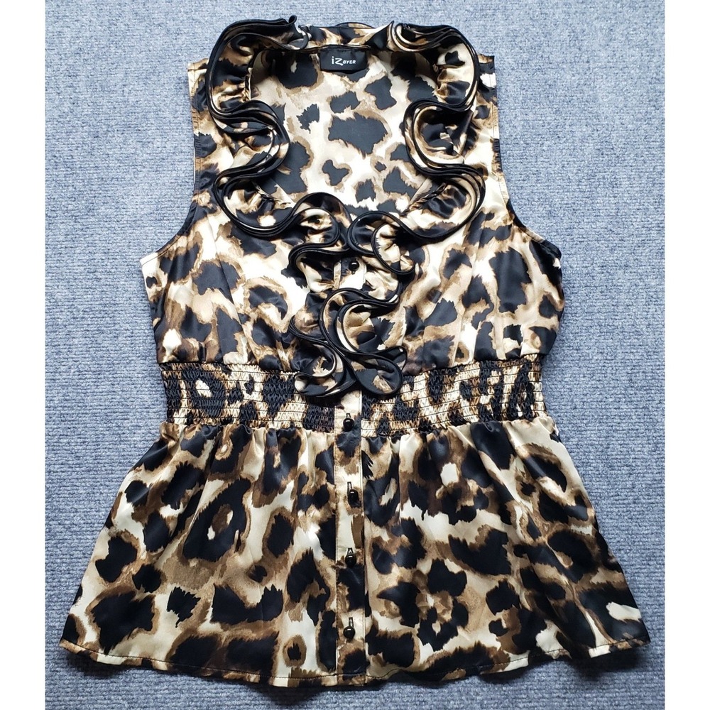 IZ Byer Blouse Womens XL Leopard Print Sleeveless Ruffle Neck Top Animal Print